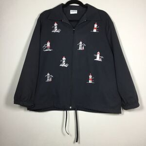 Black jacket with embroidered lighthouses drawstring waist zipper front size L